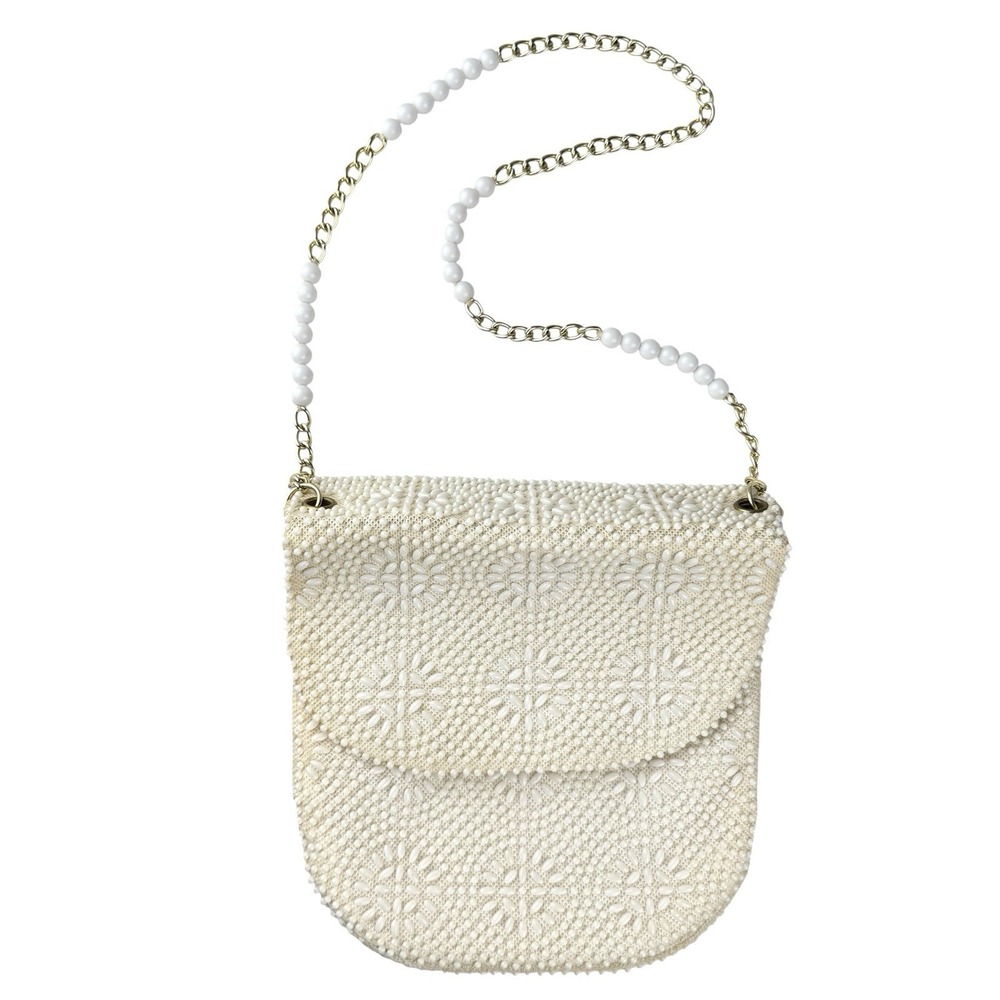 VTG Beaded Purse Ivory Gold Shoulder Chain Evening Retro Elegant Formal 50s 60s - Picture 3 of 16